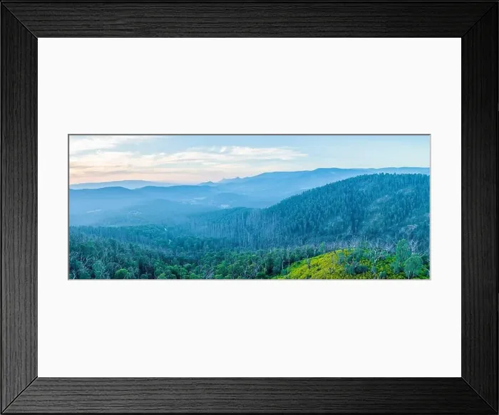 Framed Print : Aerial panorama of beautiful mountains and forested hills at sunset in Victoria, Australia Framed Print : Aerial panorama of beautiful mountains and forested hills at sunset in Victoria, Australia