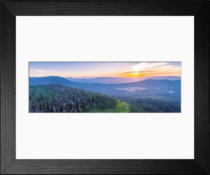 Framed Print : Aerial panorama of vivid sunset over mountains in Victoria, Australia Framed Print : Aerial panorama of vivid sunset over mountains in Victoria, Australia