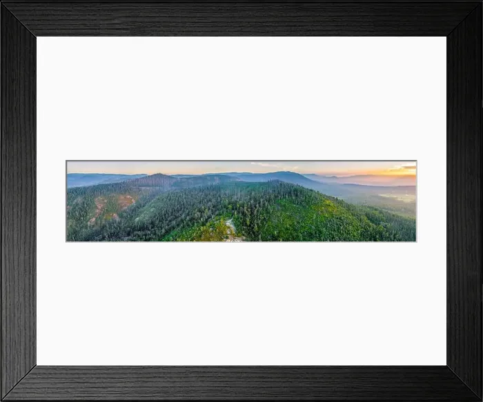 Framed Print : Wide aerial panorama of forested hills and mountains at sunset near Marysville, Victoria, Australia Framed Print : Wide aerial panorama of forested hills and mountains at sunset near Marysville, Victoria, Australia
