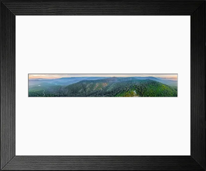 Framed Print : Wide aerial panorama of forested hills and mountains at sunset near Marysville, Victoria, Australia Framed Print : Wide aerial panorama of forested hills and mountains at sunset near Marysville, Victoria, Australia
