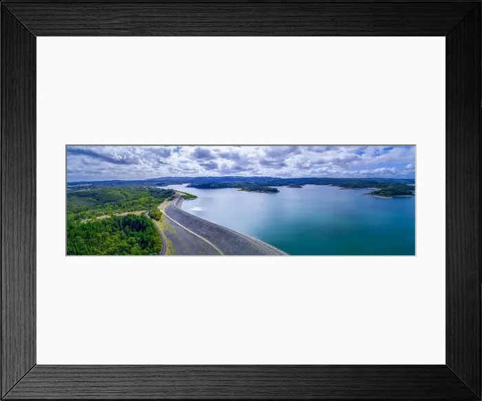 Framed Print : Wide aerial panorama of Cardinia Reservoir lake and dam wall surrounded by forests in Melbourne, Australia Framed Print : Wide aerial panorama of Cardinia Reservoir lake and dam wall surrounded by forests in Melbourne, Australia