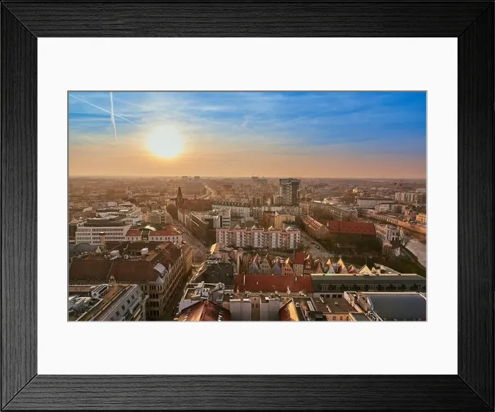 Framed Print : Beautiful, colorful sunset over Wroclaw aerial view Framed Print : Beautiful, colorful sunset over Wroclaw aerial view