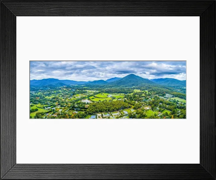 Framed Print : Beautiful aerial panorama of Healesville township and surrounding countryside with forest and mountains in Victoria Framed Print : Beautiful aerial panorama of Healesville township and surrounding countryside with forest and mountains in Victoria