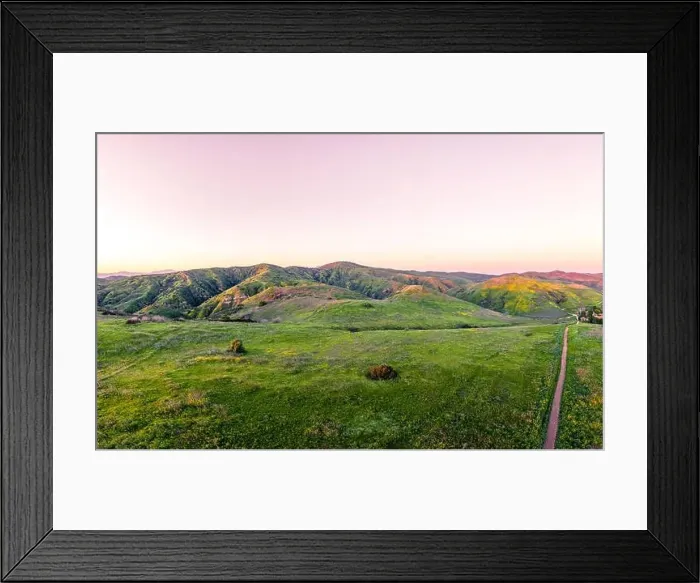 Framed Print : A warm sunset over dirt hiking trails in field of mustard Framed Print : A warm sunset over dirt hiking trails in field of mustard