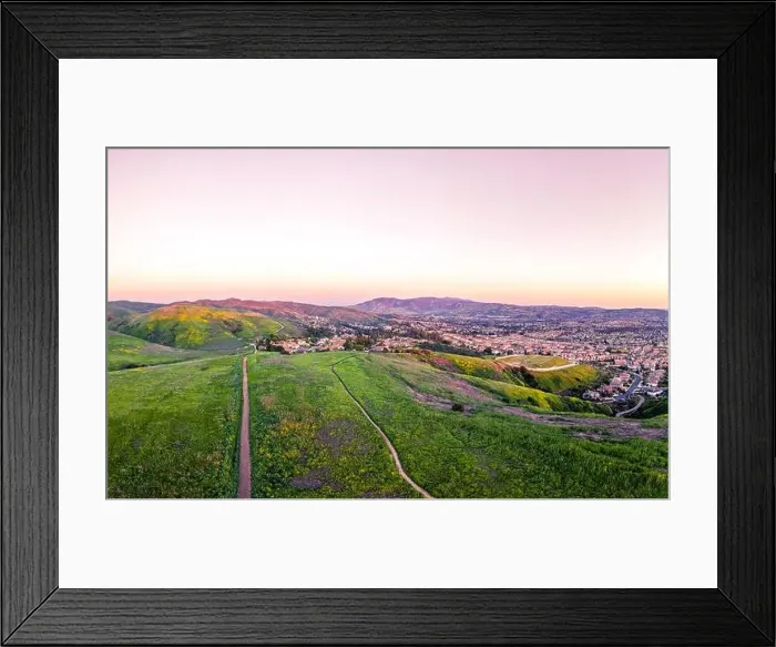 Framed Print : A warm sunset over dirt hiking trails in field of mustard Framed Print : A warm sunset over dirt hiking trails in field of mustard