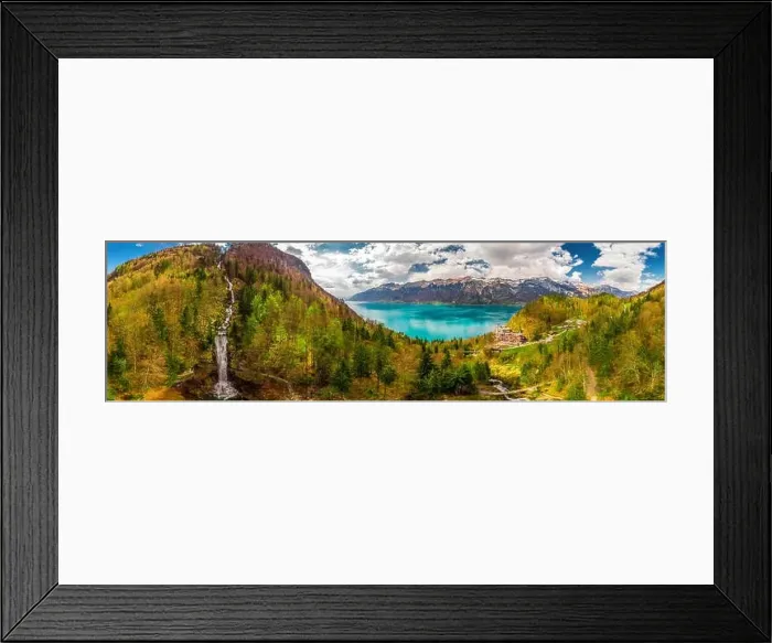 Framed Print : Lake Brienz and Giessbach Waterfall by Interlaken with the Swiss Alps covered by snow, Switzerland
