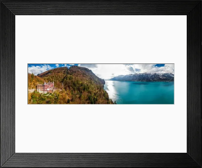 Framed Print : Lake Brienz and Giessbach Waterfall by Interlaken with the Swiss Alps covered by snow, Switzerland Framed Print : Lake Brienz and Giessbach Waterfall by Interlaken with the Swiss Alps covered by snow, Switzerland