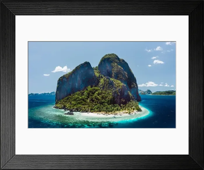 Framed Print : Aerial drone view of tropical Pinagbuyutan Island and ipil beach in blue ocean El Nido Framed Print : Aerial drone view of tropical Pinagbuyutan Island and ipil beach in blue ocean El Nido