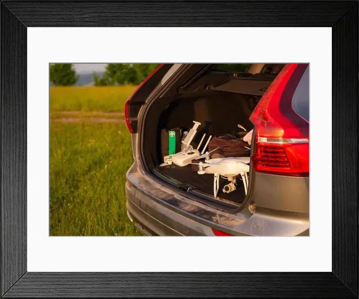 Framed Print : drone ready for fly in suv trunk landscape nature mountains sunset Framed Print : drone ready for fly in suv trunk landscape nature mountains sunset