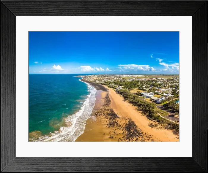 Framed Print : Aerial drone view of Bargara beach and surrounding area, Queensland, Australia Framed Print : Aerial drone view of Bargara beach and surrounding area, Queensland, Australia