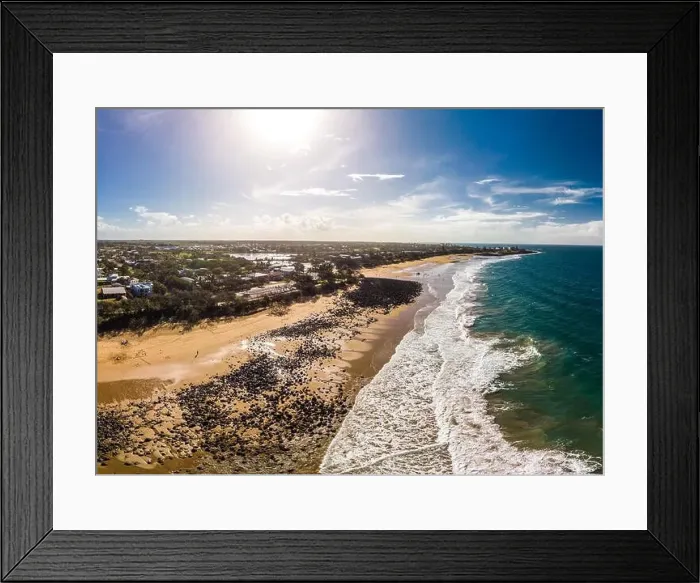Framed Print : Aerial drone view of Bargara beach and surrounding area, Queensland, Australia Framed Print : Aerial drone view of Bargara beach and surrounding area, Queensland, Australia
