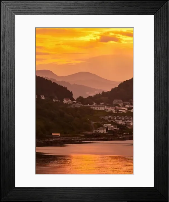 Framed Print : golden sunrise with little houses on hills in norway Framed Print : golden sunrise with little houses on hills in norway