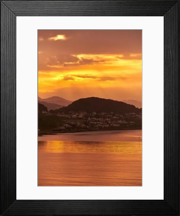Framed Print : golden sunrise with little houses on hills in norway Framed Print : golden sunrise with little houses on hills in norway