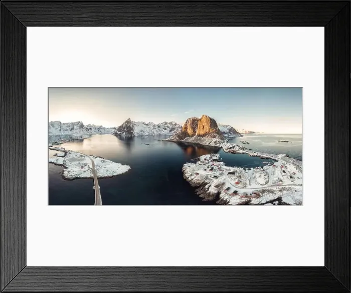 Framed Print : Panorama aerial view of archipelago of arctic ocean with fishing village in winter at Hamnoy, Lofoten islands, Norway Framed Print : Panorama aerial view of archipelago of arctic ocean with fishing village in winter at Hamnoy, Lofoten islands, Norway