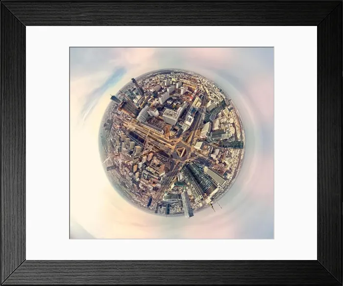 Framed Print : Beautiful panoramic aerial drone view little planet - 360 degree panorama - to Warsaw modern City Framed Print : Beautiful panoramic aerial drone view little planet - 360 degree panorama - to Warsaw modern City
