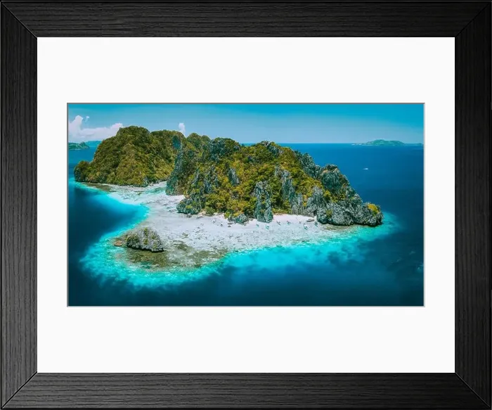 Framed Print : Aerial drone view of tropical Shimizu Island and pristine beach in blue ocean El Nido Framed Print : Aerial drone view of tropical Shimizu Island and pristine beach in blue ocean El Nido
