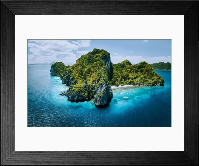 Framed Print : Aerial panorama of tropical paradise Entalula Island and clear blue water El Nido Framed Print : Aerial panorama of tropical paradise Entalula Island and clear blue water El Nido