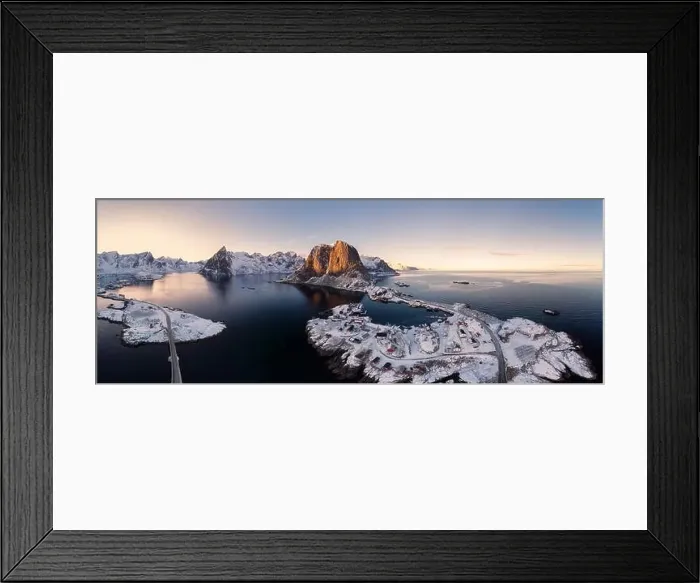 Framed Print : Panorama aerial view of archipelago of arctic ocean with fishing village in winter at Hamnoy, Lofoten islands, Norway Framed Print : Panorama aerial view of archipelago of arctic ocean with fishing village in winter at Hamnoy, Lofoten islands, Norway