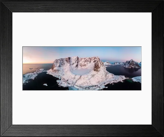 Framed Print : Panorama of archipelago and ice lake in valley on winter at Reine, Lofoten islands, Norway Framed Print : Panorama of archipelago and ice lake in valley on winter at Reine, Lofoten islands, Norway