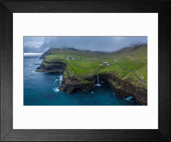 Framed Print : Mulafossur waterfall aerial drone view in Gasadalur, Vagar, Faroe Islands 16:9 Framed Print : Mulafossur waterfall aerial drone view in Gasadalur, Vagar, Faroe Islands 16:9