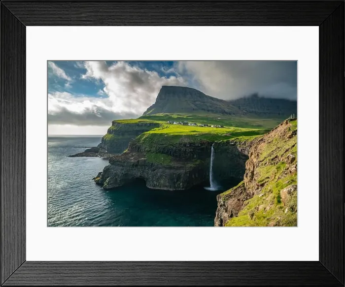 Framed Print : Mulafossur waterfall in Gasadalur at dusk, Vagar, Faroe Islands Framed Print : Mulafossur waterfall in Gasadalur at dusk, Vagar, Faroe Islands