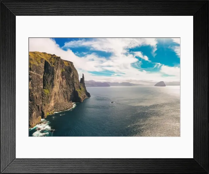 Framed Print : Aerial view of Trollkonufingur, also called The Witch's Finger on Faroe Islands Framed Print : Aerial view of Trollkonufingur, also called The Witch's Finger on Faroe Islands