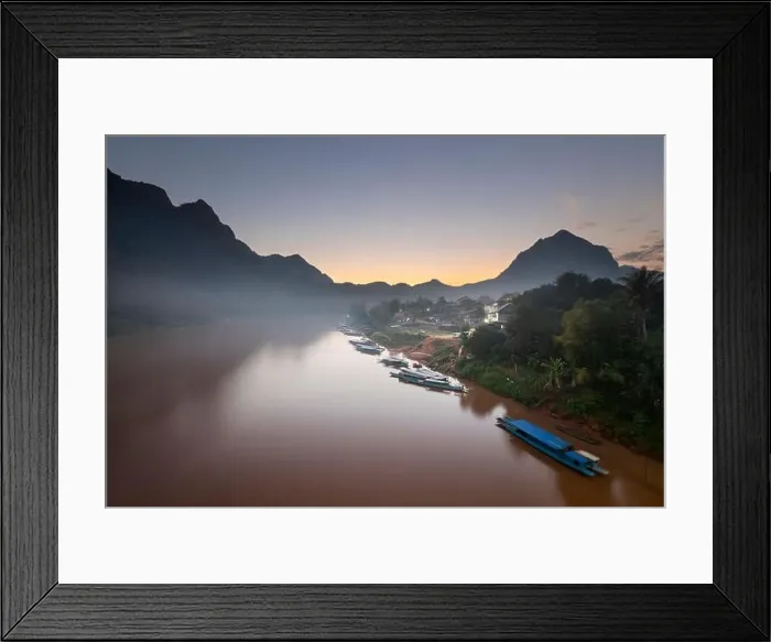 Framed Print : Sunset over the misty Nam Ou River at the village of Nong Khiaw Framed Print : Sunset over the misty Nam Ou River at the village of Nong Khiaw