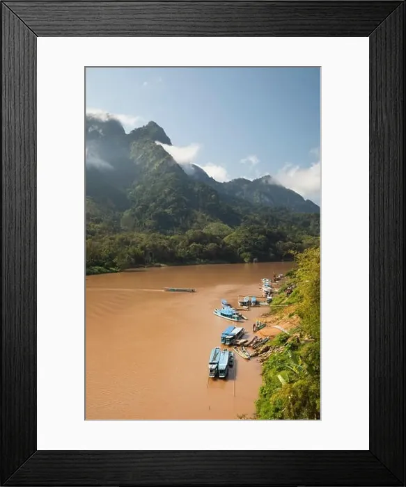 Framed Print : Nam Ou River with karst peaks and lifting mist Framed Print : Nam Ou River with karst peaks and lifting mist