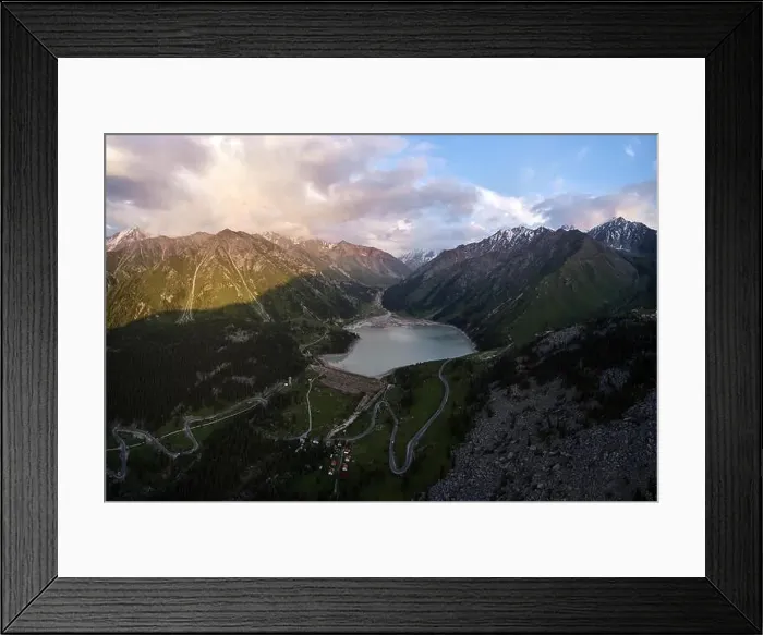 Framed Print : Aerial shoot of Big Almaty Lake, Tien Shan Mountains in Almaty, Kazakhstan Framed Print : Aerial shoot of Big Almaty Lake, Tien Shan Mountains in Almaty, Kazakhstan