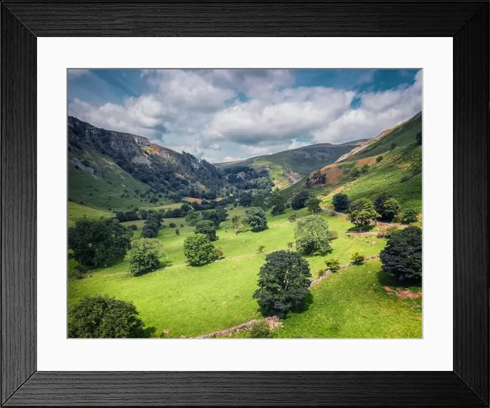 Framed Print : Aerial view over scenic valley of Rhaeadr at bright summer day in Wales, UK Framed Print : Aerial view over scenic valley of Rhaeadr at bright summer day in Wales, UK