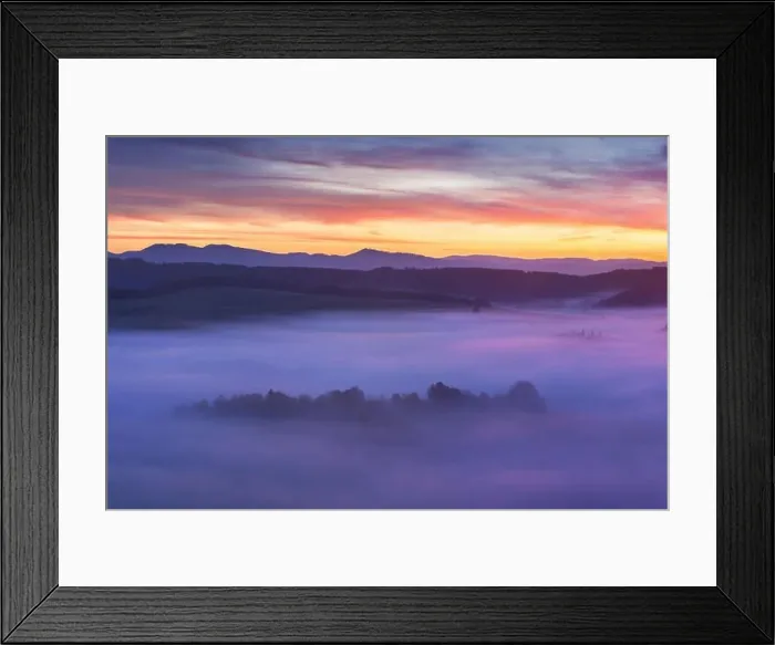 Framed Print : Sunrise Over Misty Landscape. Scenic View Of Foggy Morning Sky With Rising Sun Above Misty Forest Framed Print : Sunrise Over Misty Landscape. Scenic View Of Foggy Morning Sky With Rising Sun Above Misty Forest