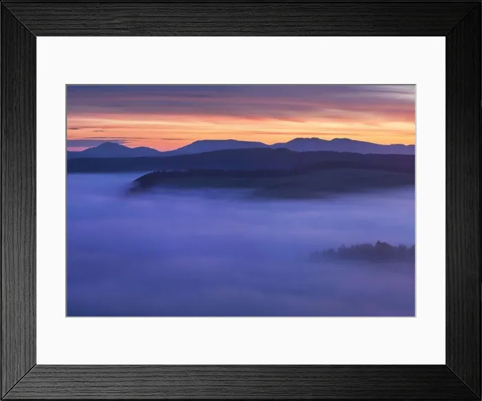 Framed Print : Sunrise Over Misty Landscape. Scenic View Of Foggy Morning Sky With Rising Sun Above Misty Forest Framed Print : Sunrise Over Misty Landscape. Scenic View Of Foggy Morning Sky With Rising Sun Above Misty Forest