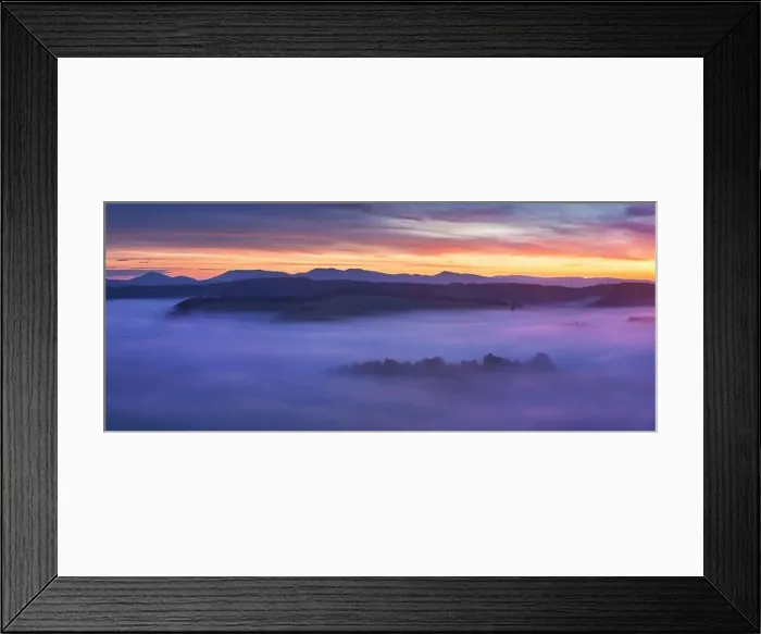 Framed Print : Sunrise Over Misty Landscape. Scenic View Of Foggy Morning Sky With Rising Sun Above Misty Forest Framed Print : Sunrise Over Misty Landscape. Scenic View Of Foggy Morning Sky With Rising Sun Above Misty Forest