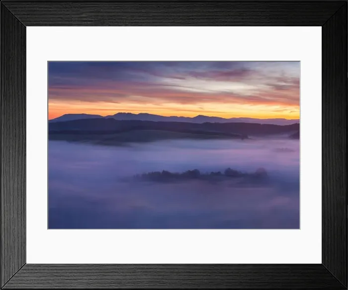 Framed Print : Sunrise Over Misty Landscape. Scenic View Of Foggy Morning Sky With Rising Sun Above Misty Forest Framed Print : Sunrise Over Misty Landscape. Scenic View Of Foggy Morning Sky With Rising Sun Above Misty Forest