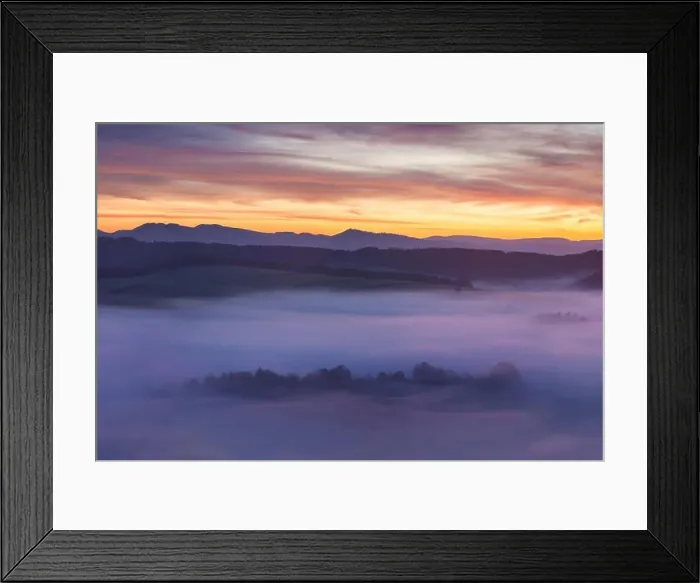 Framed Print : Sunrise Over Misty Landscape. Scenic View Of Foggy Morning Sky With Rising Sun Above Misty Forest Framed Print : Sunrise Over Misty Landscape. Scenic View Of Foggy Morning Sky With Rising Sun Above Misty Forest