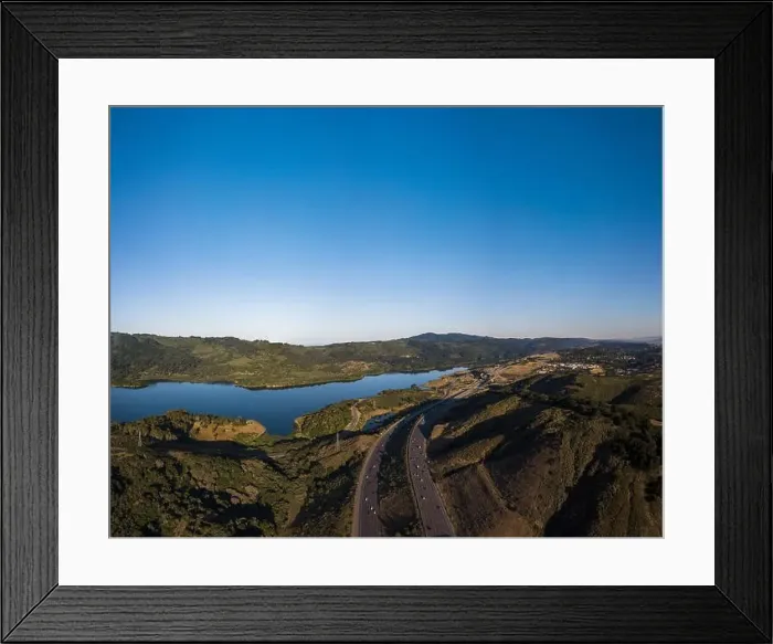 Framed Print : Aerial view of highway 280 early morning traffic surrounded by mountains Framed Print : Aerial view of highway 280 early morning traffic surrounded by mountains