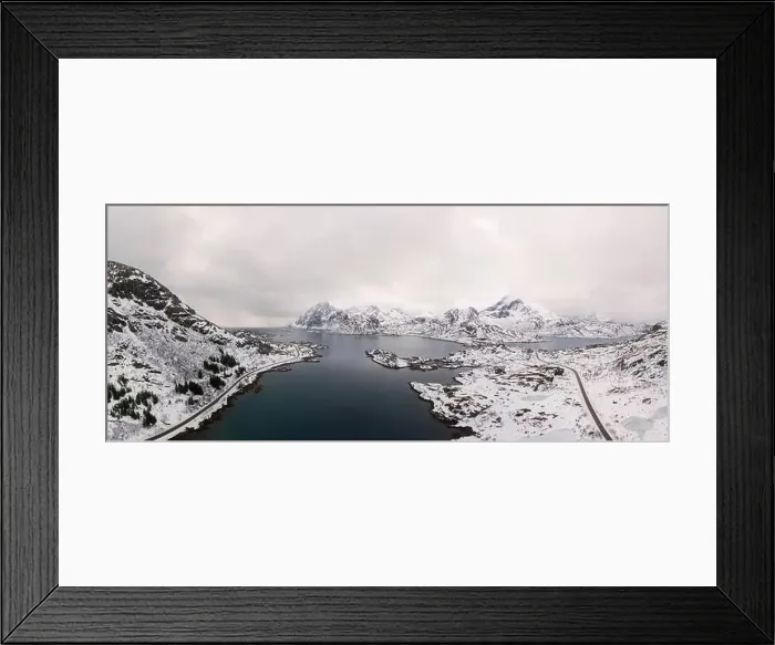 Framed Print : Aerial drone panoramic view of amazing Lofoten Islands winter scenery with famous Reine fishing village Norway Framed Print : Aerial drone panoramic view of amazing Lofoten Islands winter scenery with famous Reine fishing village Norway