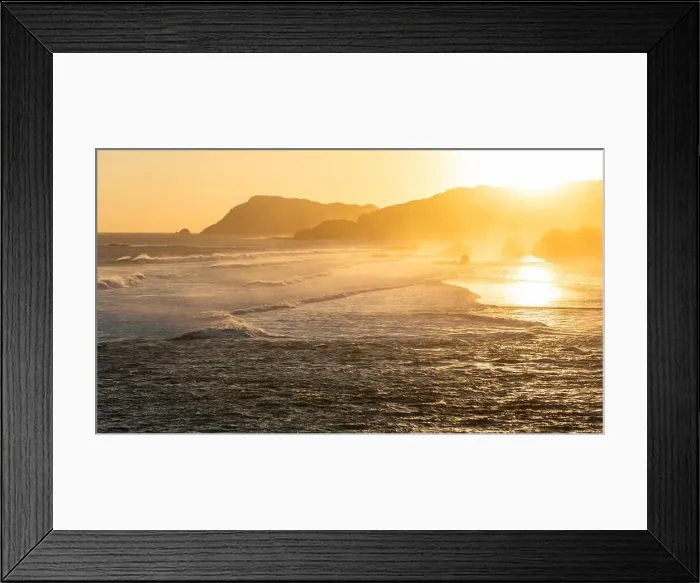 Framed Print : Sunset landscape with huge waves and mountain hills on horizon Framed Print : Sunset landscape with huge waves and mountain hills on horizon