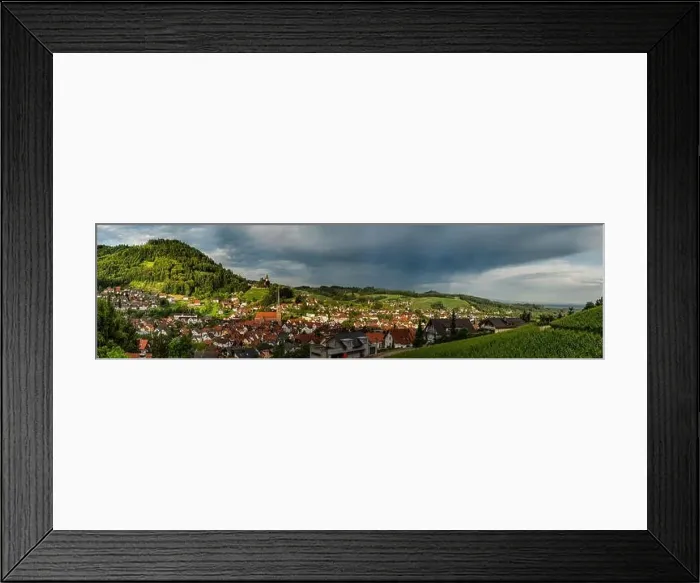 Framed Print : Wide hires panoramic landscape view of green valley in Schwartzwald. Green hills with vineyards and old medieval castle Framed Print : Wide hires panoramic landscape view of green valley in Schwartzwald. Green hills with vineyards and old medieval castle