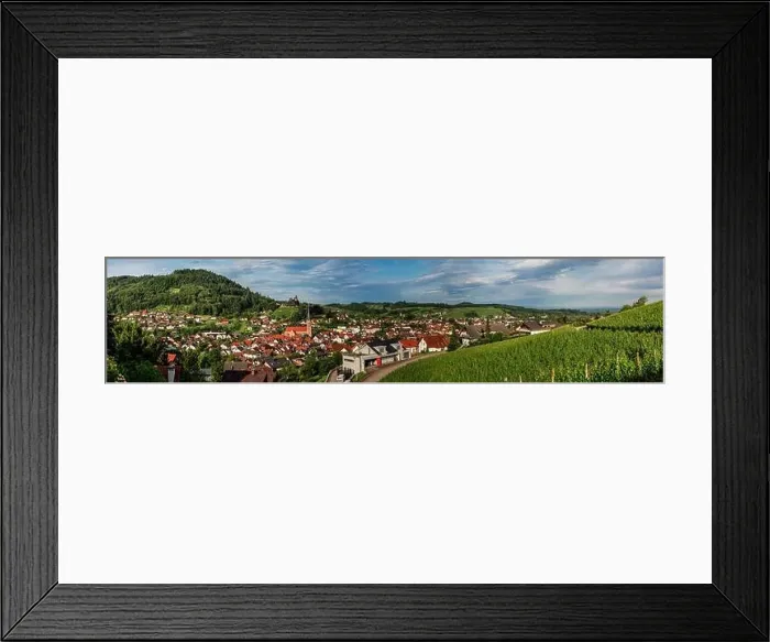 Framed Print : Wide hires panoramic landscape view of green valley in Schwartzwald. Green hills with vineyards and old medieval castle Framed Print : Wide hires panoramic landscape view of green valley in Schwartzwald. Green hills with vineyards and old medieval castle
