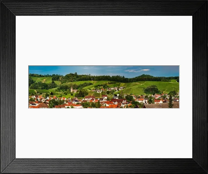 Framed Print : Wide hires panoramic landscape view of green valley in Schwartzwald. Green hills with vineyards and old medieval castle Framed Print : Wide hires panoramic landscape view of green valley in Schwartzwald. Green hills with vineyards and old medieval castle