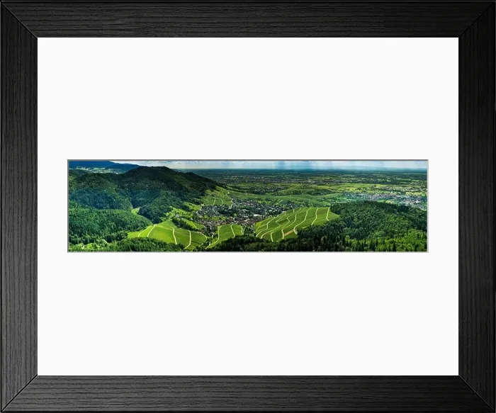 Framed Print : Wide hires panoramic landscape view of Black Forest vineyard valley, aerial, Germany Framed Print : Wide hires panoramic landscape view of Black Forest vineyard valley, aerial, Germany