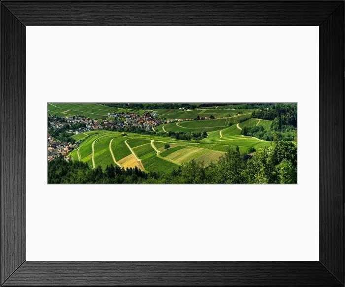 Framed Print : Wide hires panoramic landscape view of Black Forest vineyard valley, aerial, Germany Framed Print : Wide hires panoramic landscape view of Black Forest vineyard valley, aerial, Germany