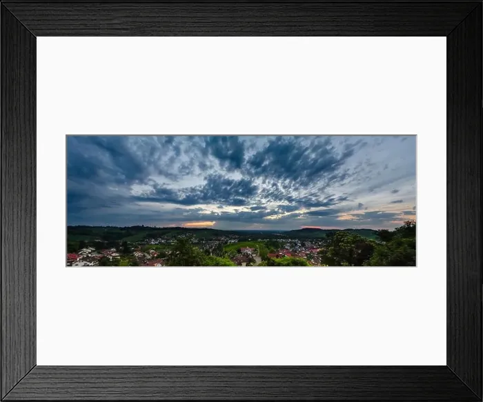 Framed Print : Wide hires panoramic landscape view of green valley in Schwartzwald at sunset. Beautiful sky and evening in the village Framed Print : Wide hires panoramic landscape view of green valley in Schwartzwald at sunset. Beautiful sky and evening in the village