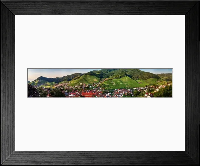 Framed Print : Wide hires panoramic landscape view of green valley in Schwartzwald. Green hills with vineyards and old medieval castle Framed Print : Wide hires panoramic landscape view of green valley in Schwartzwald. Green hills with vineyards and old medieval castle