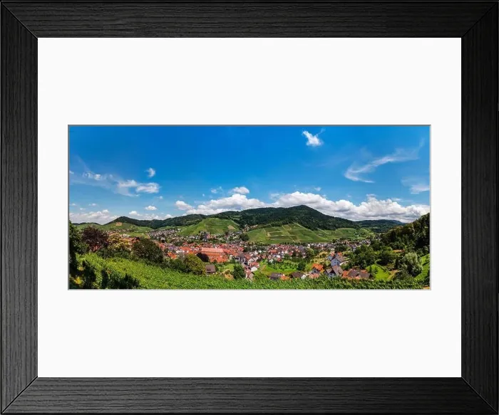 Framed Print : Wide hires panoramic landscape view of green valley in Schwartzwald. Green hills with vineyards and old medieval castle Framed Print : Wide hires panoramic landscape view of green valley in Schwartzwald. Green hills with vineyards and old medieval castle
