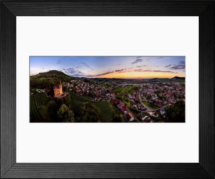 Framed Print : Wide hires panoramic landscape view of green valley in Schwartzwald at sunset. Beautiful sky and evening in the village Framed Print : Wide hires panoramic landscape view of green valley in Schwartzwald at sunset. Beautiful sky and evening in the village