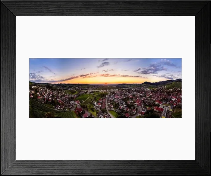 Framed Print : Wide hires panoramic landscape view of green valley in Schwartzwald at sunset. Beautiful sky and evening in the village Framed Print : Wide hires panoramic landscape view of green valley in Schwartzwald at sunset. Beautiful sky and evening in the village