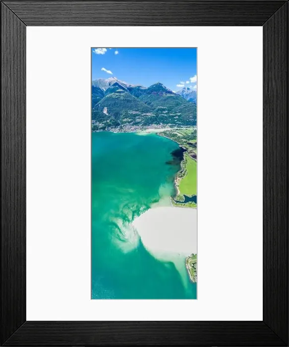 Framed Print : Aerial panoramic of River Adda flowing into Lake Como, Trivio di Fuentes, Lower Valtellina, Lombardy, Italy Framed Print : Aerial panoramic of River Adda flowing into Lake Como, Trivio di Fuentes, Lower Valtellina, Lombardy, Italy