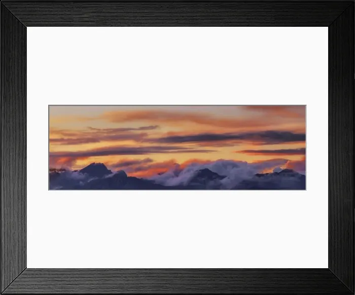 Framed Print : Wide angle panorama silhouette forest and mountain tops in red orange blue clouds gradient sunset Framed Print : Wide angle panorama silhouette forest and mountain tops in red orange blue clouds gradient sunset